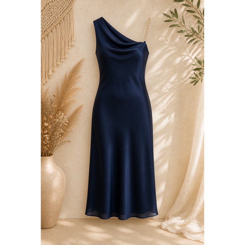 One Shoulder Dress Pink Rose Women's Large Black Gold Chain Strap Cocktail NWT